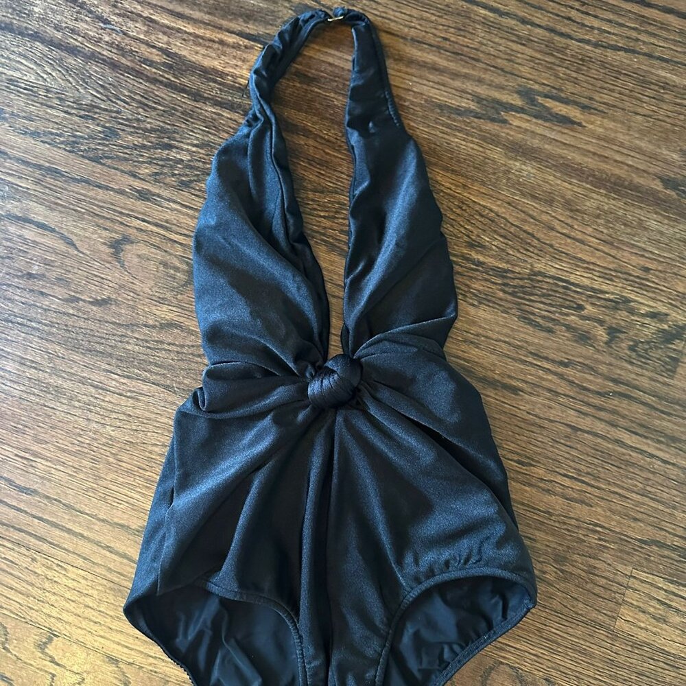 Black Knot-Front Halter One-Piece Swimsuit - Women